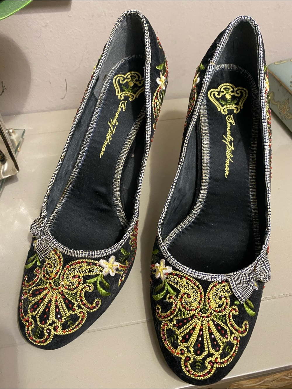 Betsey Johnson Black Embroidered Floral Heels with Gold and Red Accents